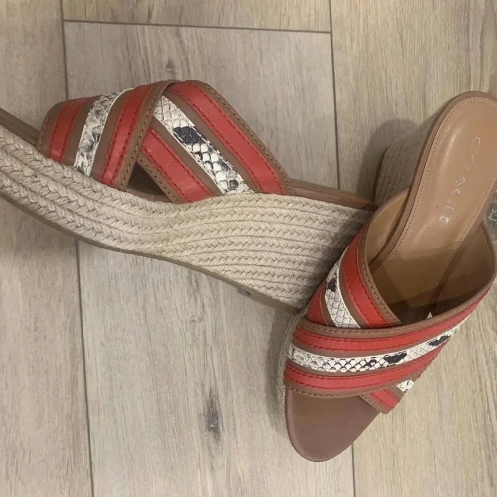 Coach Leather Espadrille‎ Wedge Sandals Orange & Snakeskin Size 9